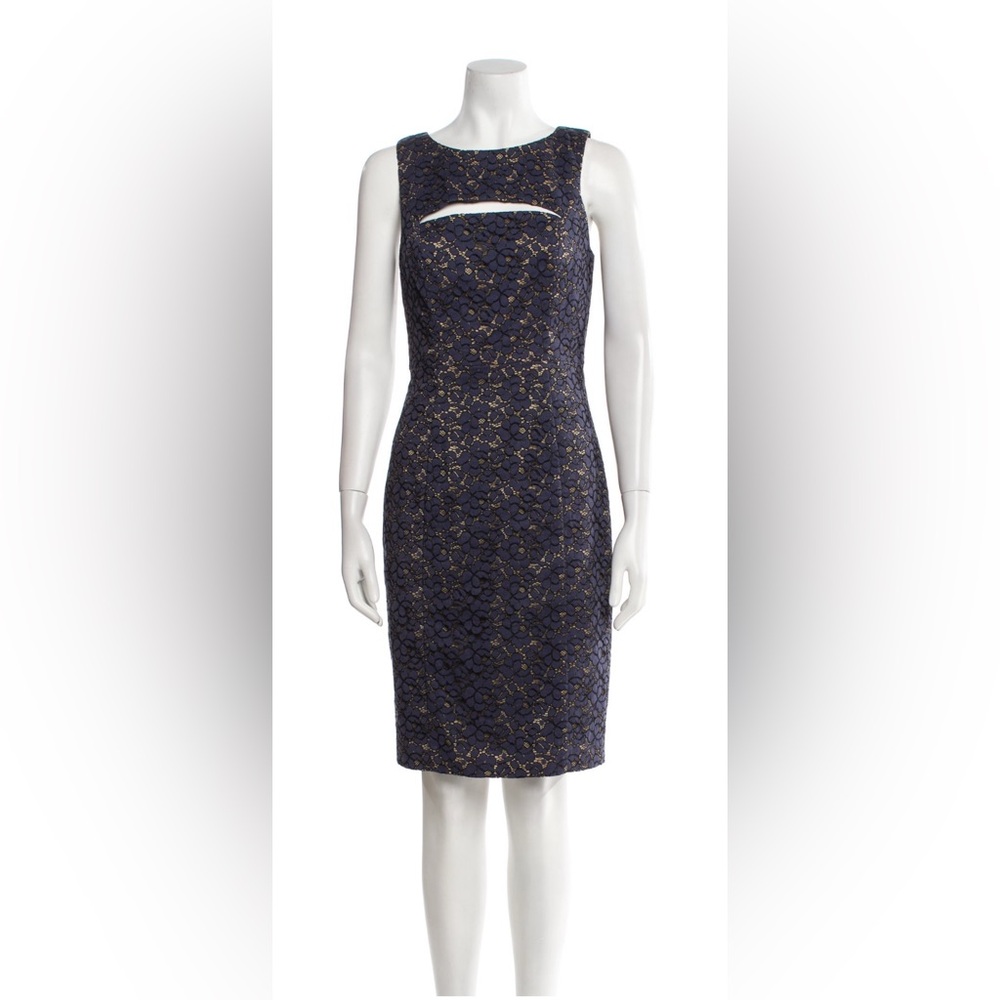 Black Halo Navy and Gold Lace Midi Dress